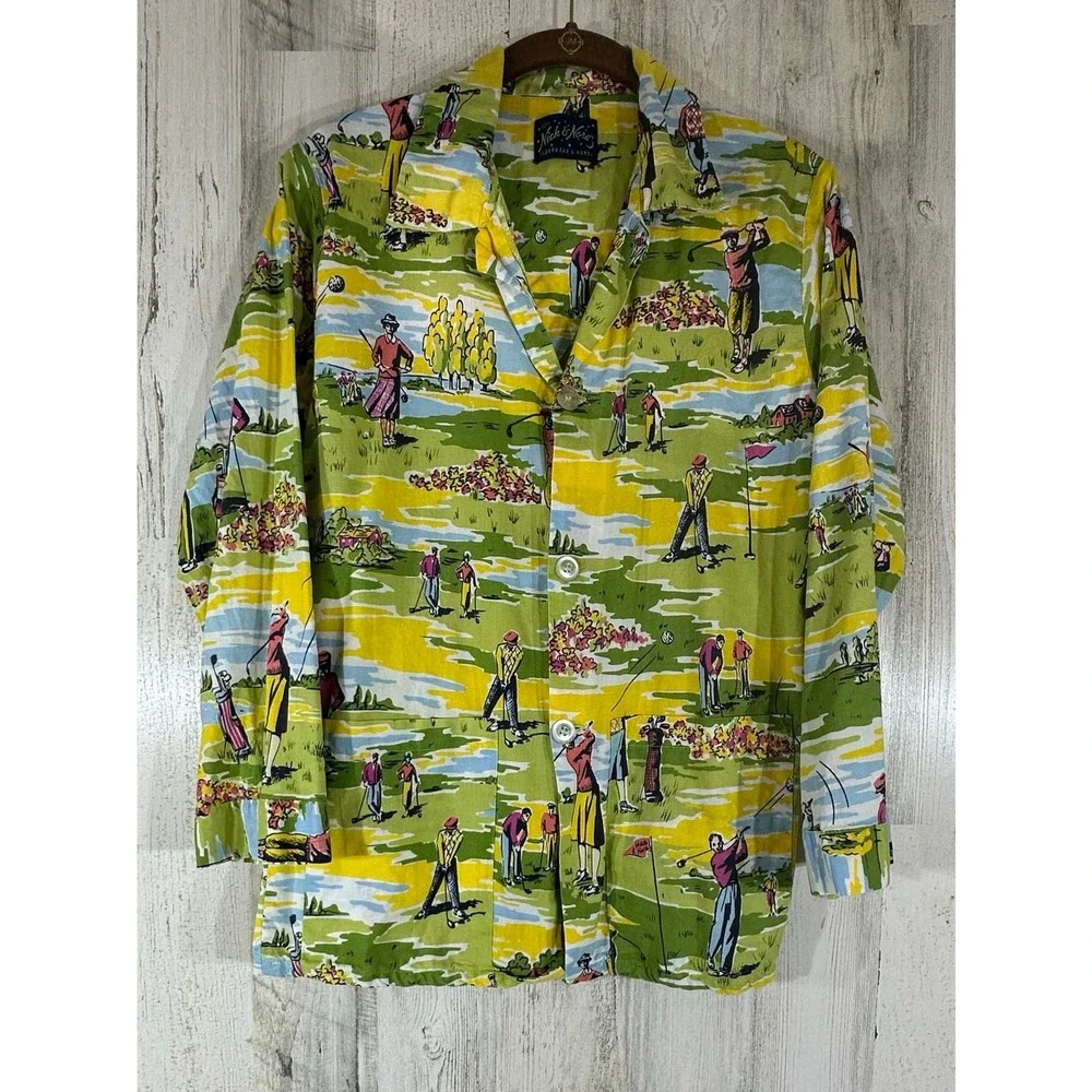 Nick & Nora Pajama Top Large Green Golf Scene Graphic Long Sleeve Button Up PJs